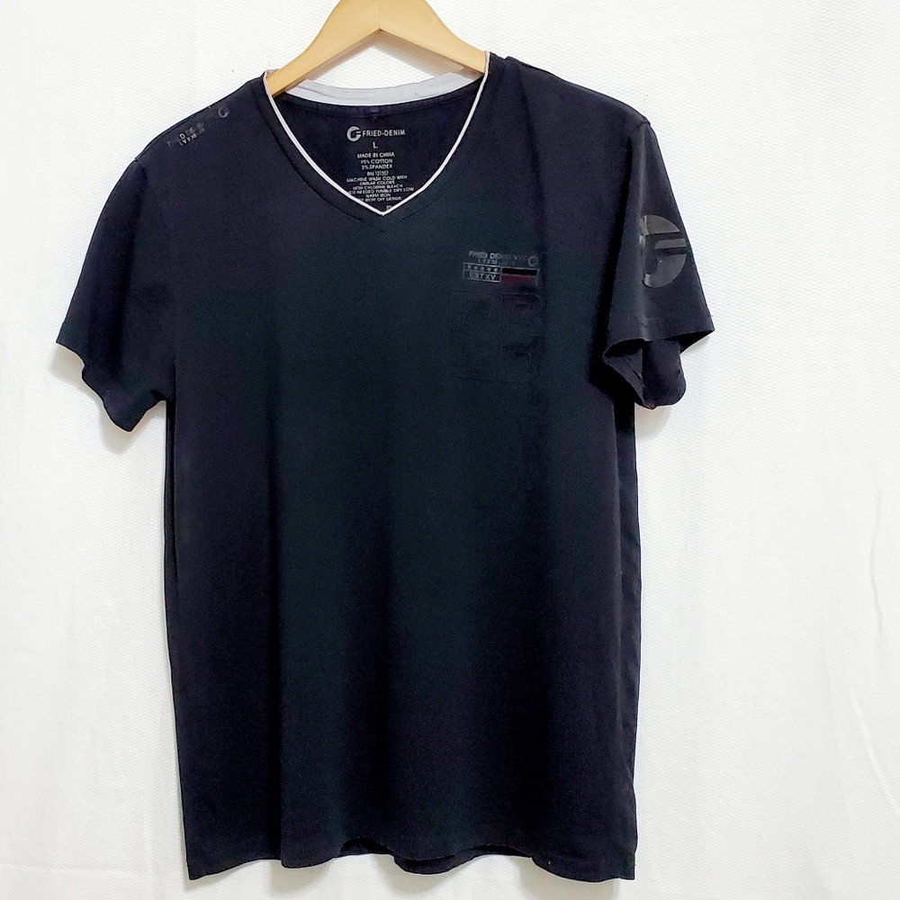 Fried Denim Black Graphic Embossed V-Neck T-Shirt Mens Large